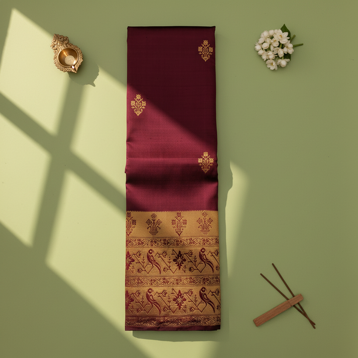Kuberan Deep Maroon Kanchipuram Silk Saree with Golden Peacock Border