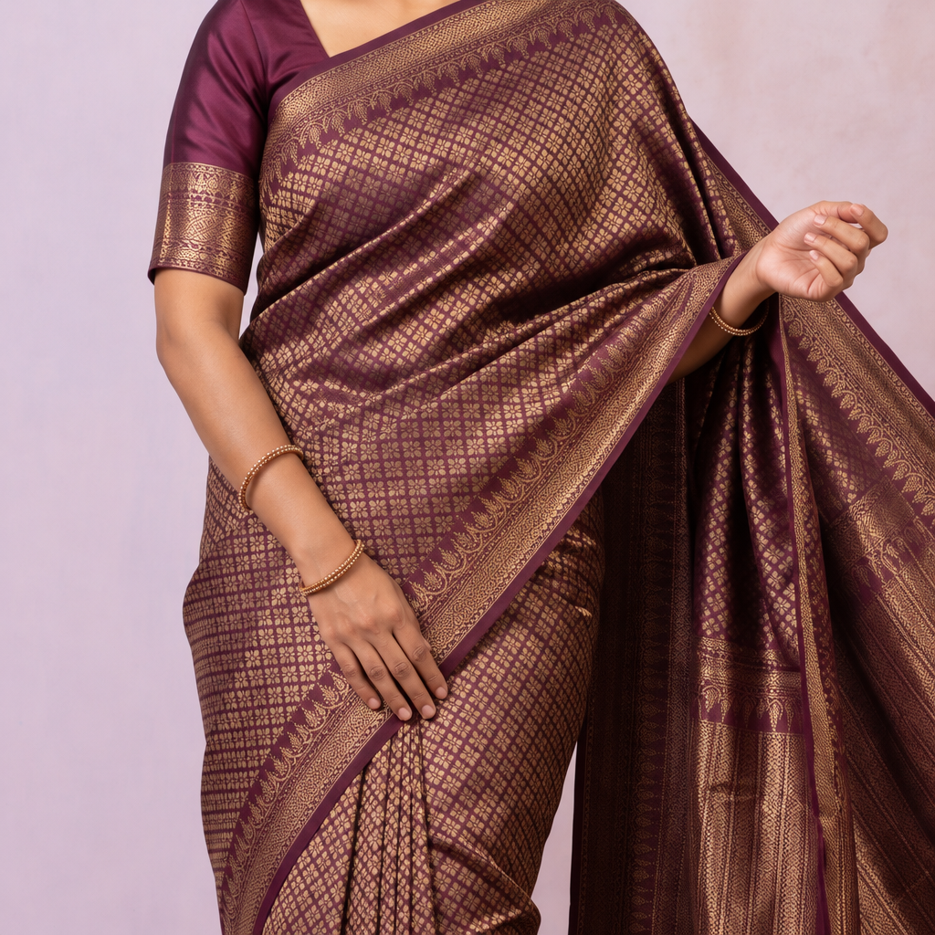 KUBERAN BURGUNDY SEMI BANARASI SILK SAREE