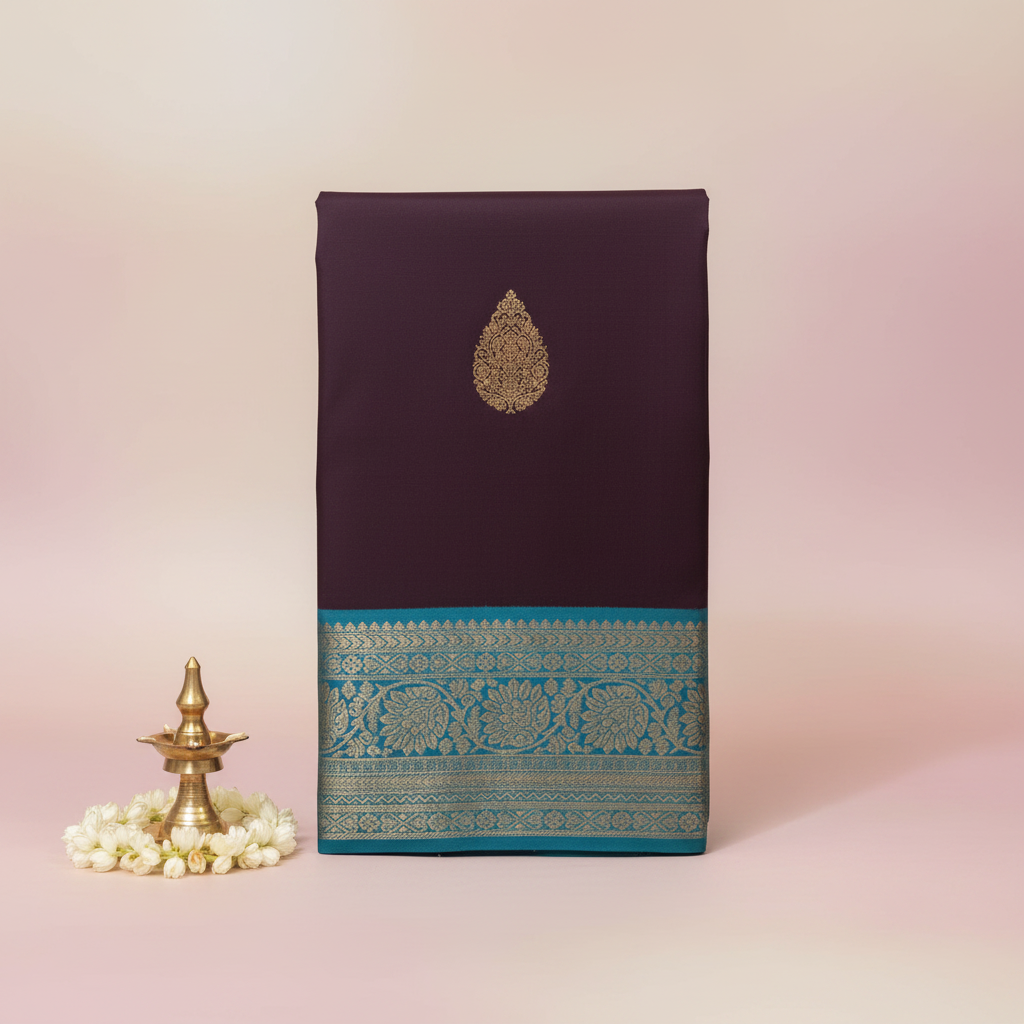 KUBERAN DEEP PURPLE WITH TEAL BLUE GOLD PURE SILK SAREE