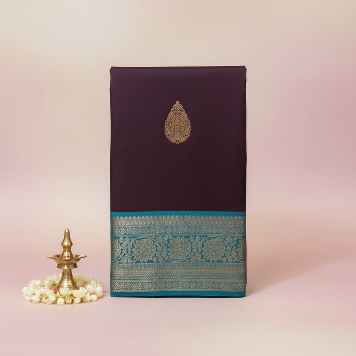 KUBERAN DEEP PURPLE WITH TEAL BLUE GOLD PURE SILK SAREE