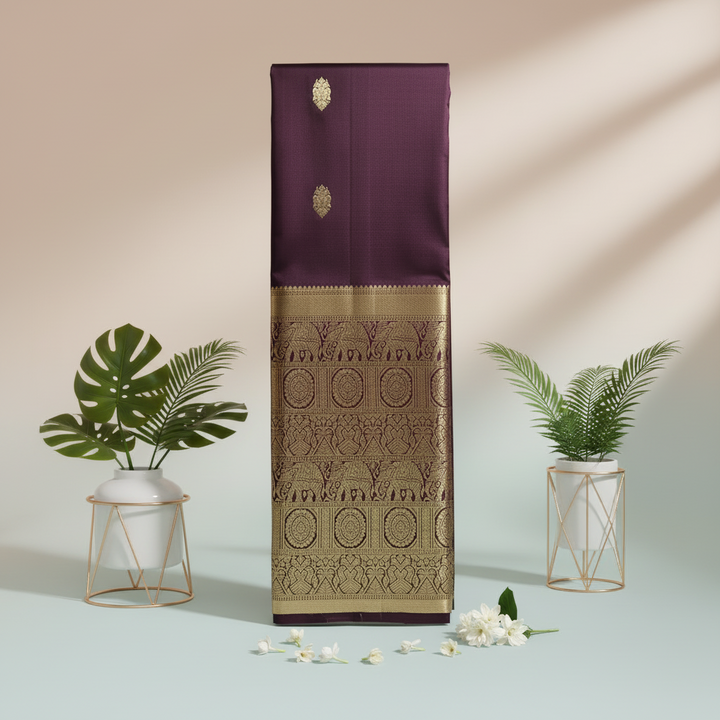 Kuberan Wine Kanchipuram Silk Saree with Gold Zari Border