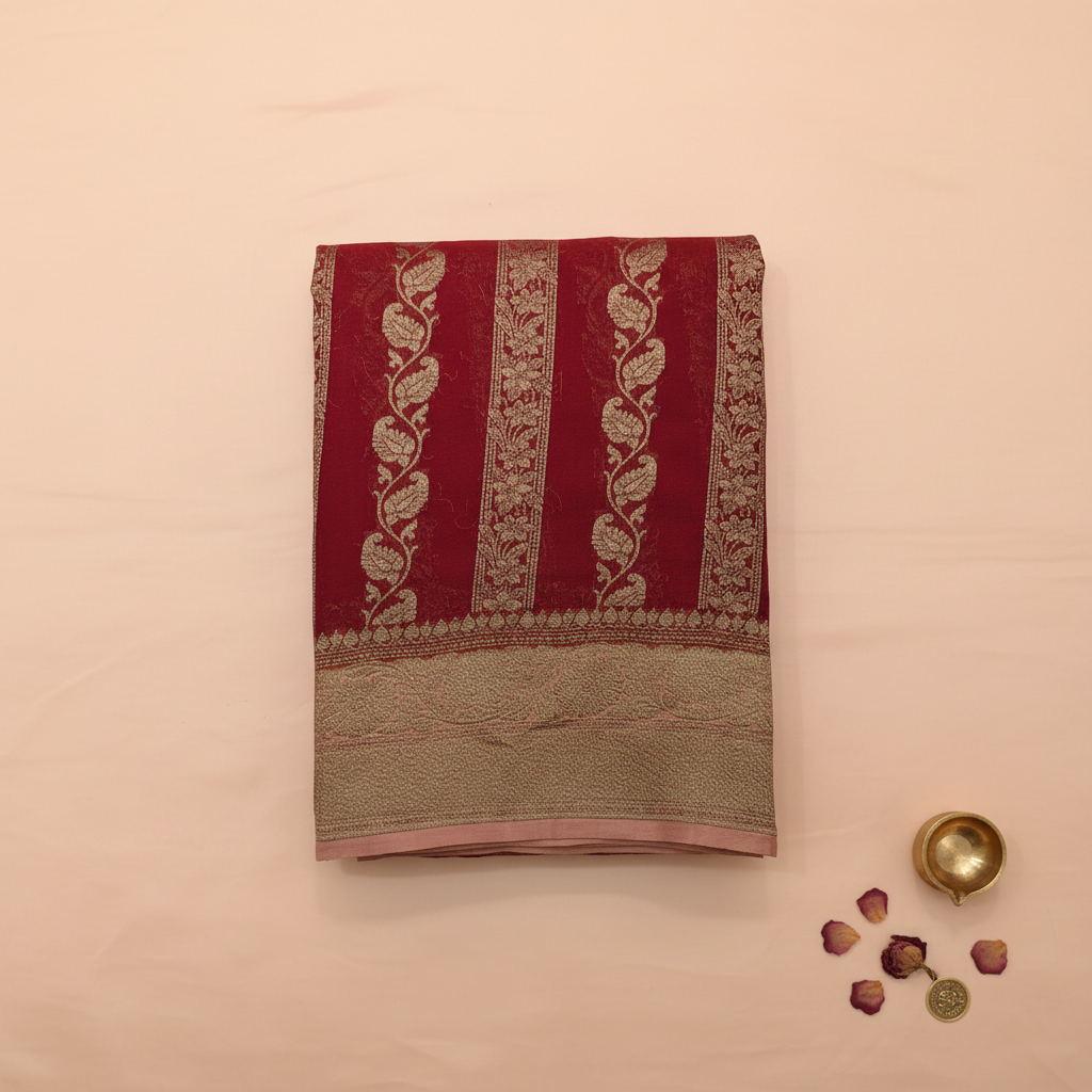 KUBERAN RED BANARASI KHADDI GEORGETTE SAREE