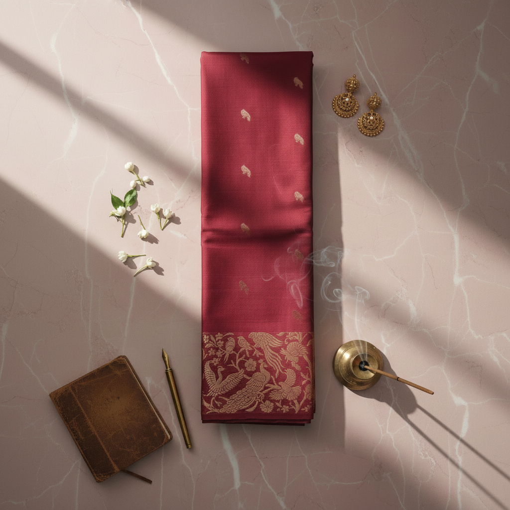 Deep rose-pink saree with gold peacock border on white background