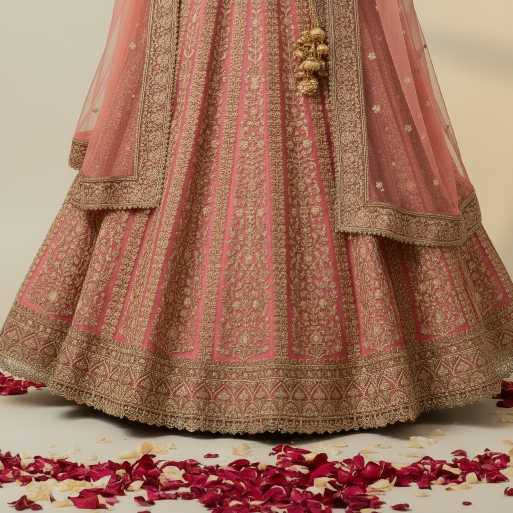 Kuberan Rose Gold Bridal Lehenga with Heavy Zari Embroidery unstitched