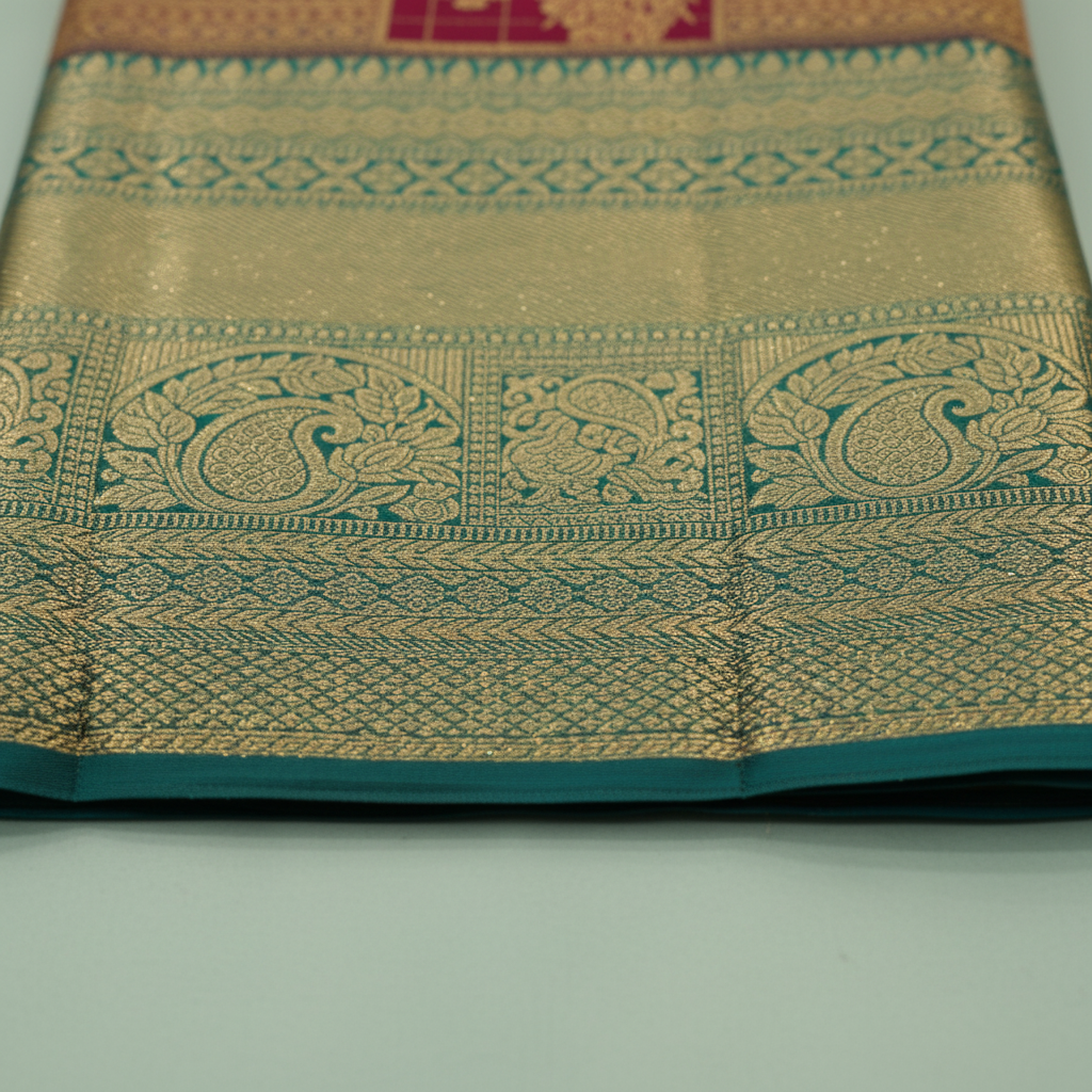 kuberan Maroon  Peacock Motifs and Green Border Kanchipuram Silk Saree