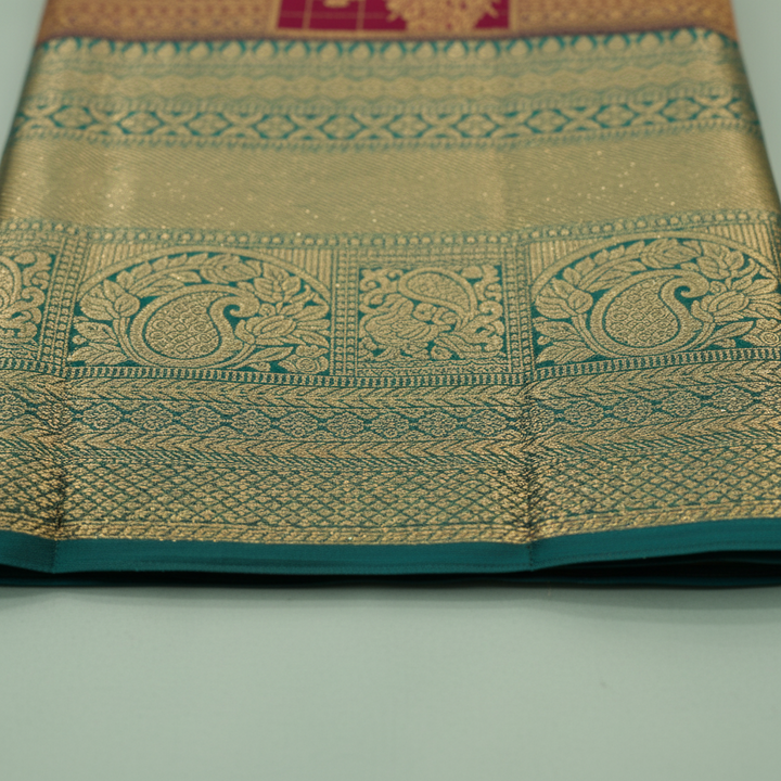 kuberan Maroon  Peacock Motifs and Green Border Kanchipuram Silk Saree