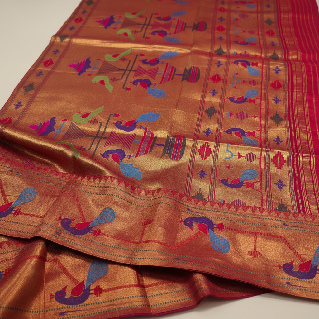 KUBERAN Navy Blue Paithani silk Saree with Golden Buti and Peacock Border