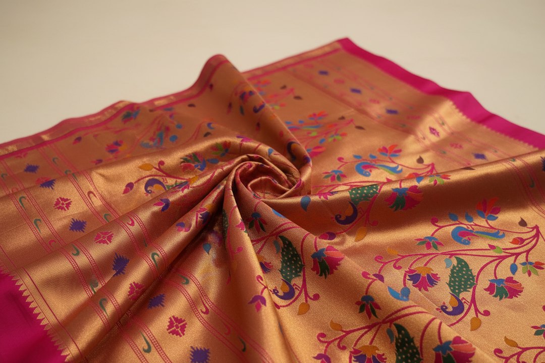 KUBERAN Rose-Pink Paithani silk Saree with Golden Buti and Peacock Pallu