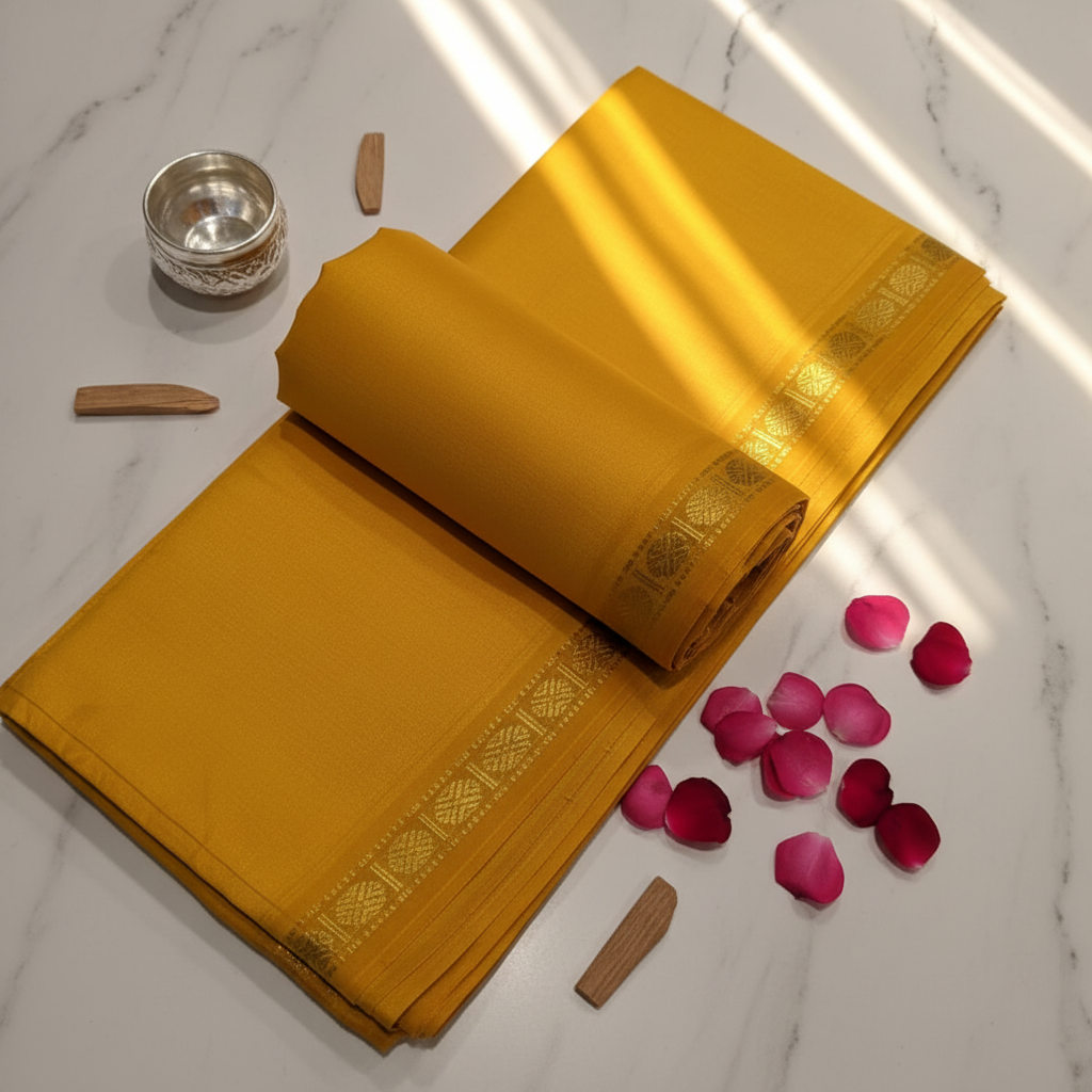 Kuberan Mustard Yellow Silk Dhoti with Gold Zari Border