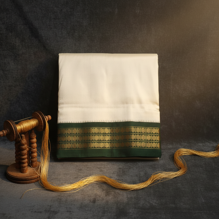 Kuberan Pure Silk Dhoti Dark Green & Maroon Gold Zari Border