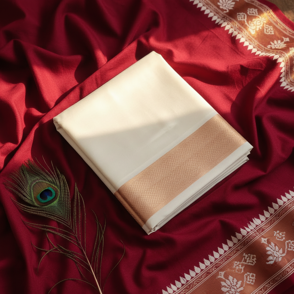 Kuberan Pure Silk Dhoti – Rose Gold Copper Zari Border