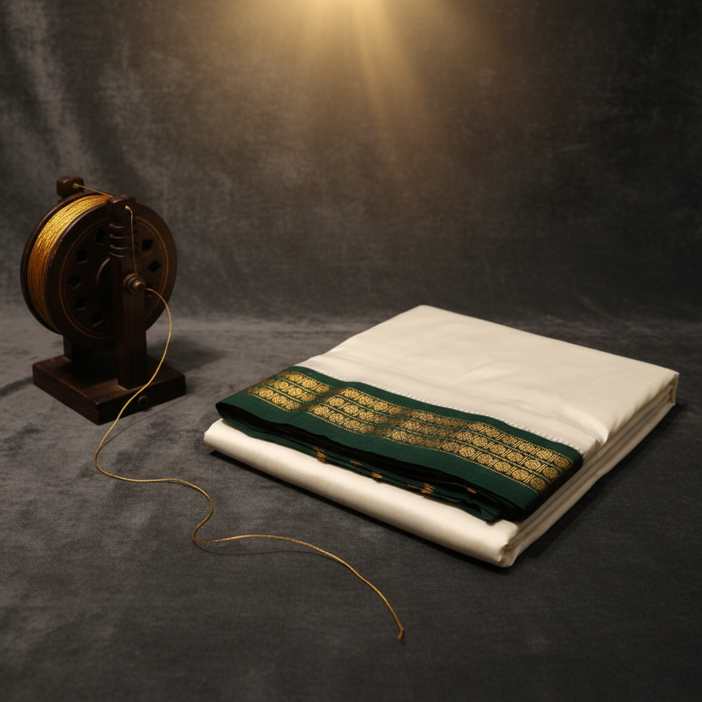 Kuberan Pure Silk Dhoti Dark Green & Maroon Gold Zari Border