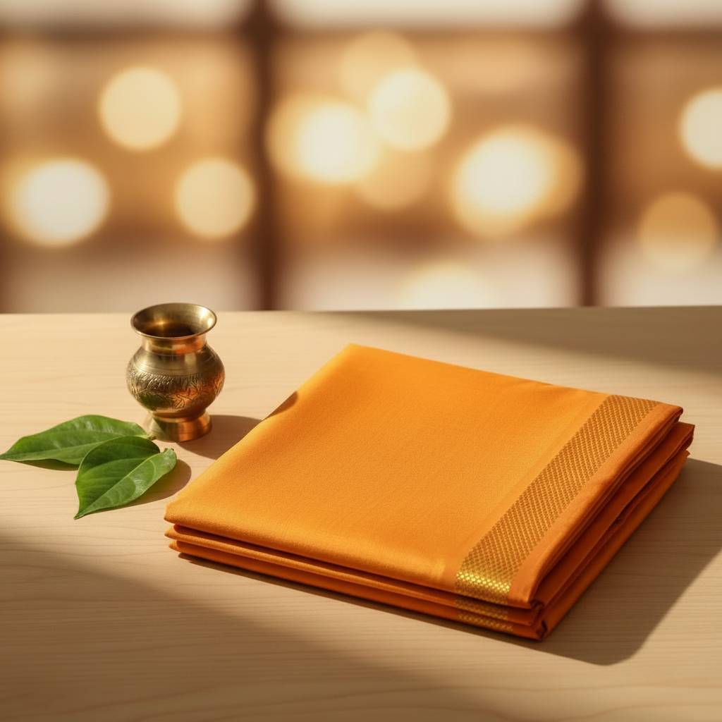 Kuberan Saffron Orange with Gold Border Mix Silk Dhoti