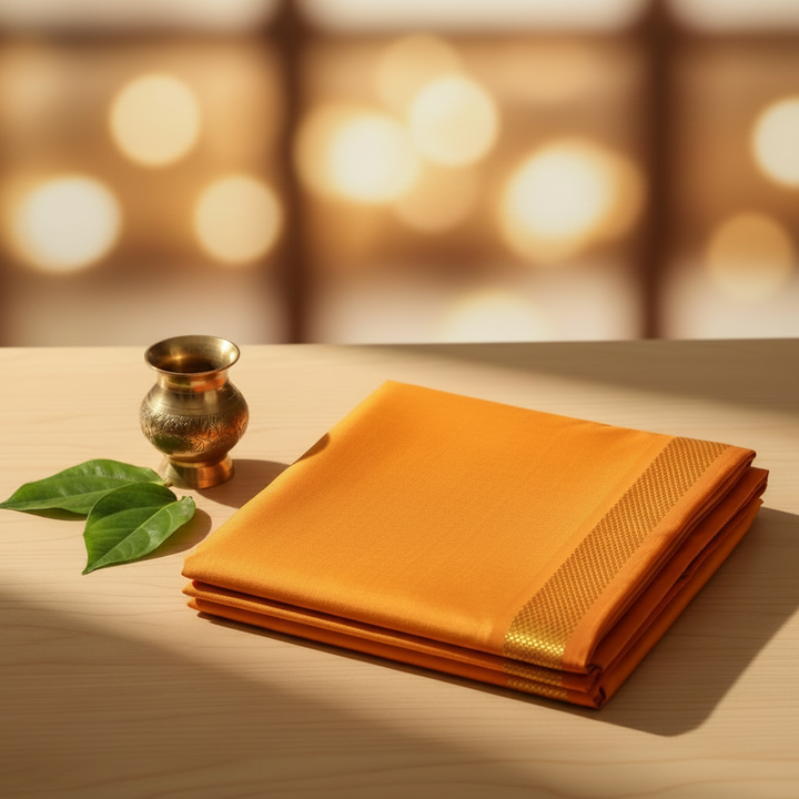 Kuberan Saffron Orange with Gold Border Mix Silk Dhoti