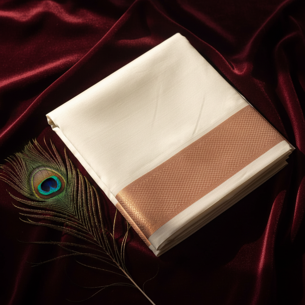 Kuberan Pure Silk Dhoti – Rose Gold Copper Zari Border
