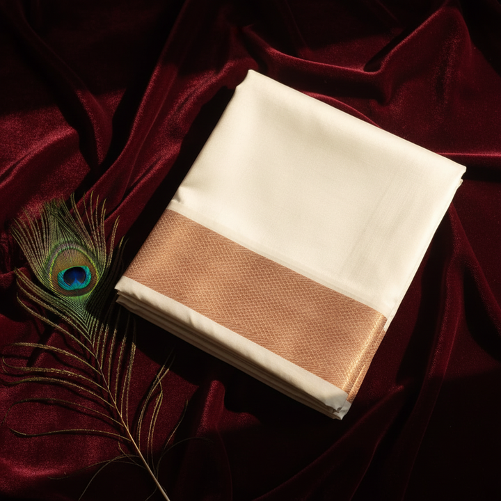 Kuberan Pure Silk Dhoti – Rose Gold Copper Zari Border