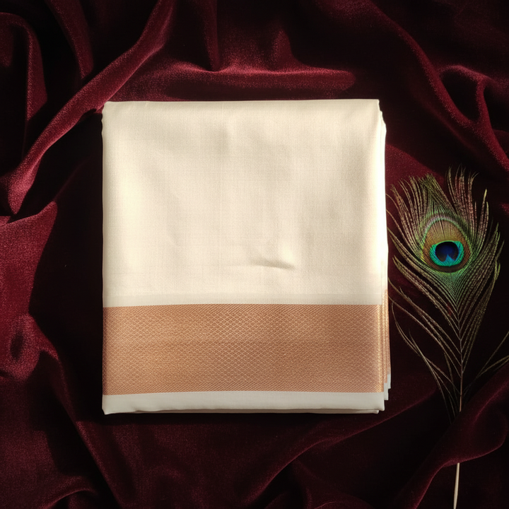 Kuberan Pure Silk Dhoti – Rose Gold Copper Zari Border