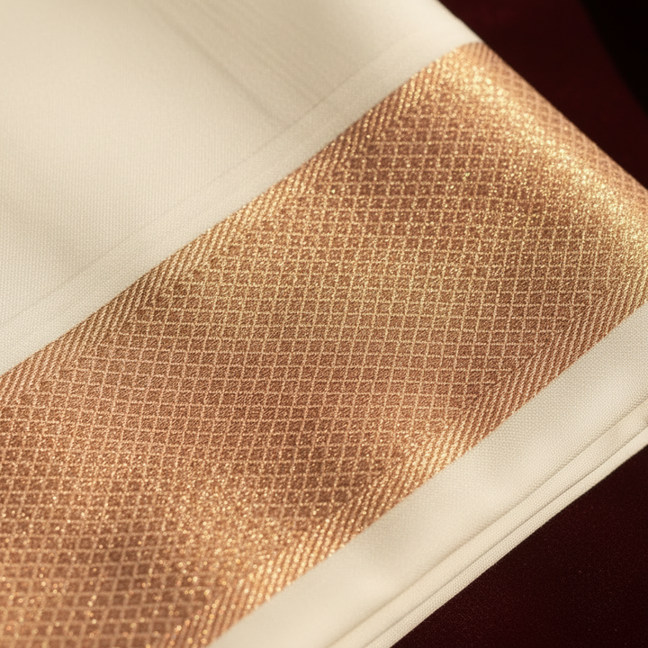 Kuberan Pure Silk Dhoti – Rose Gold Copper Zari Border