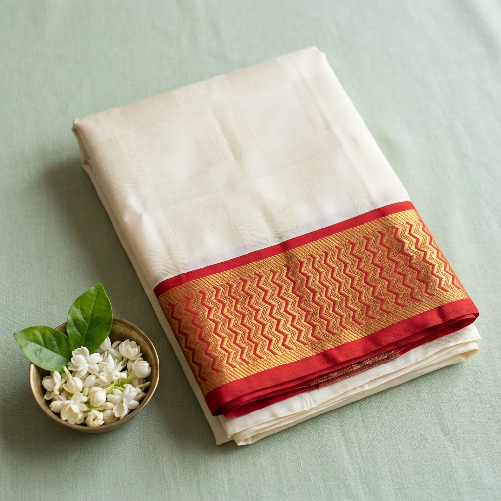 Kuberan Ivory Pure Silk Dhoti with Red &amp; Gold Zari Border