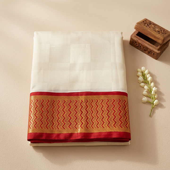 Kuberan Ivory Pure Silk Dhoti with Red &amp; Gold Zari Border