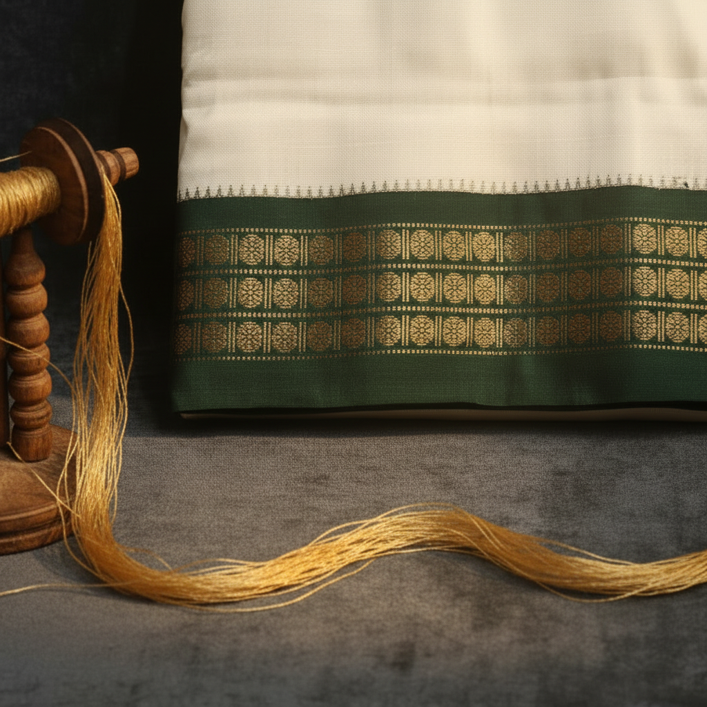 Kuberan Pure Silk Dhoti Dark Green & Maroon Gold Zari Border