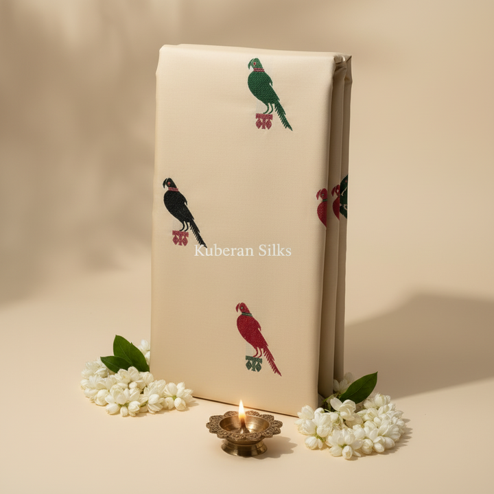 Kuberan Beige Kanchipuram Silk Saree with Parrot Motifs
