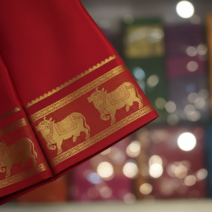 KUBERAN RED NANDI BORDER PURE CREPE SAREE