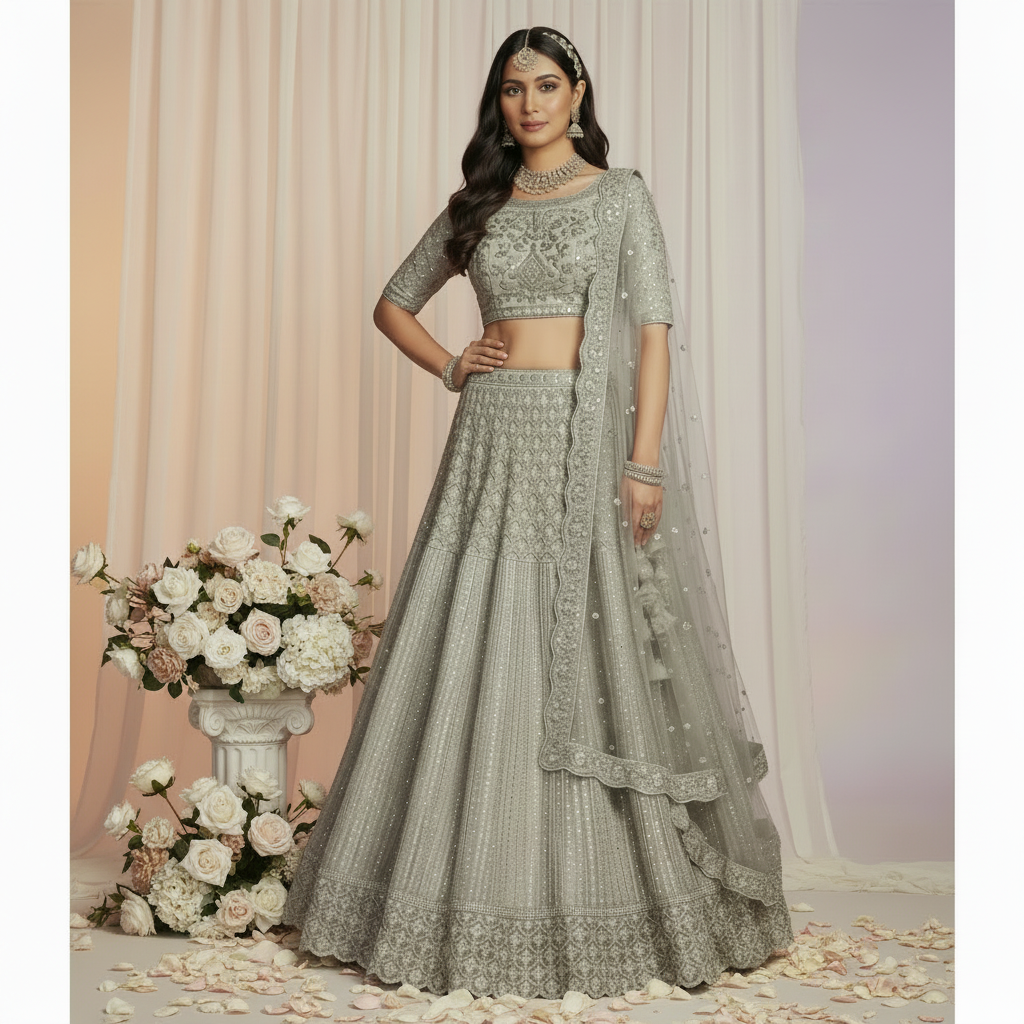Kuberan Silver Grey Bridal Lehenga Semi Stitched
