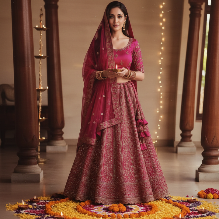 Kuberan Hot Pink Semi Bridal Lehenga Semi Stitched