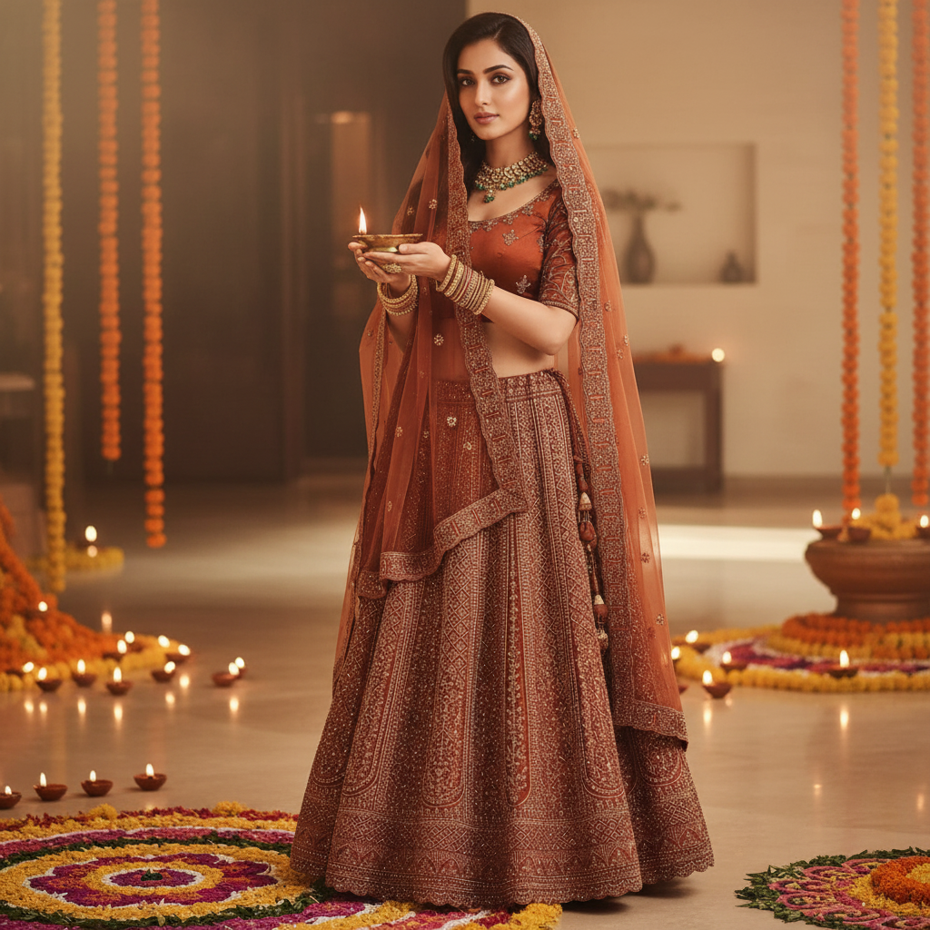 Kuberan Rust Gold Semi Bridal Lehenga Semi Stitched