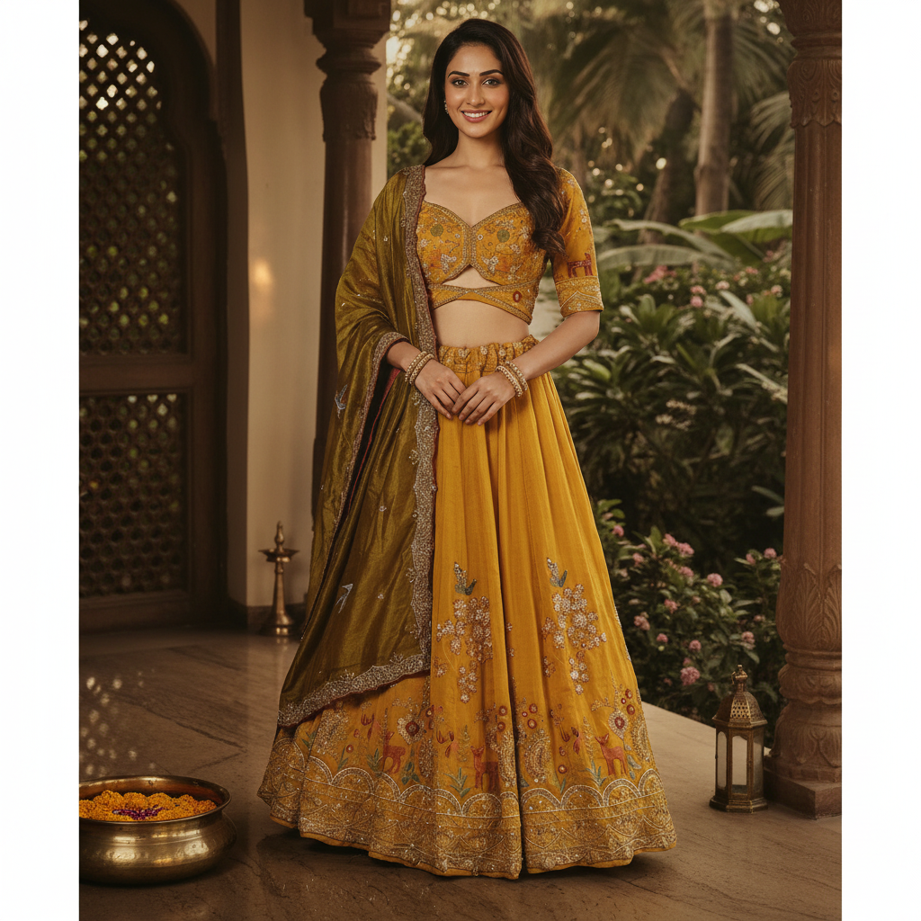 Kuberan Mustard Gold Semi Stitched Lehenga