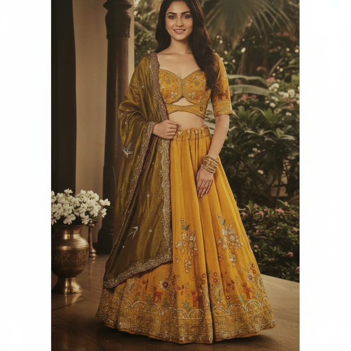 Kuberan Mustard Gold Semi Stitched Lehenga