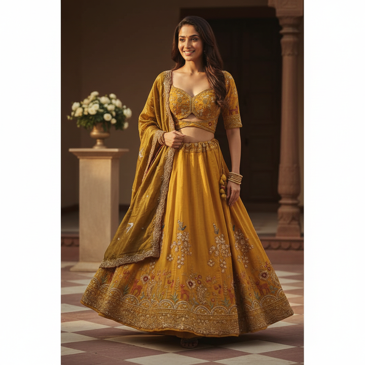 Kuberan Mustard Gold Semi Stitched Lehenga