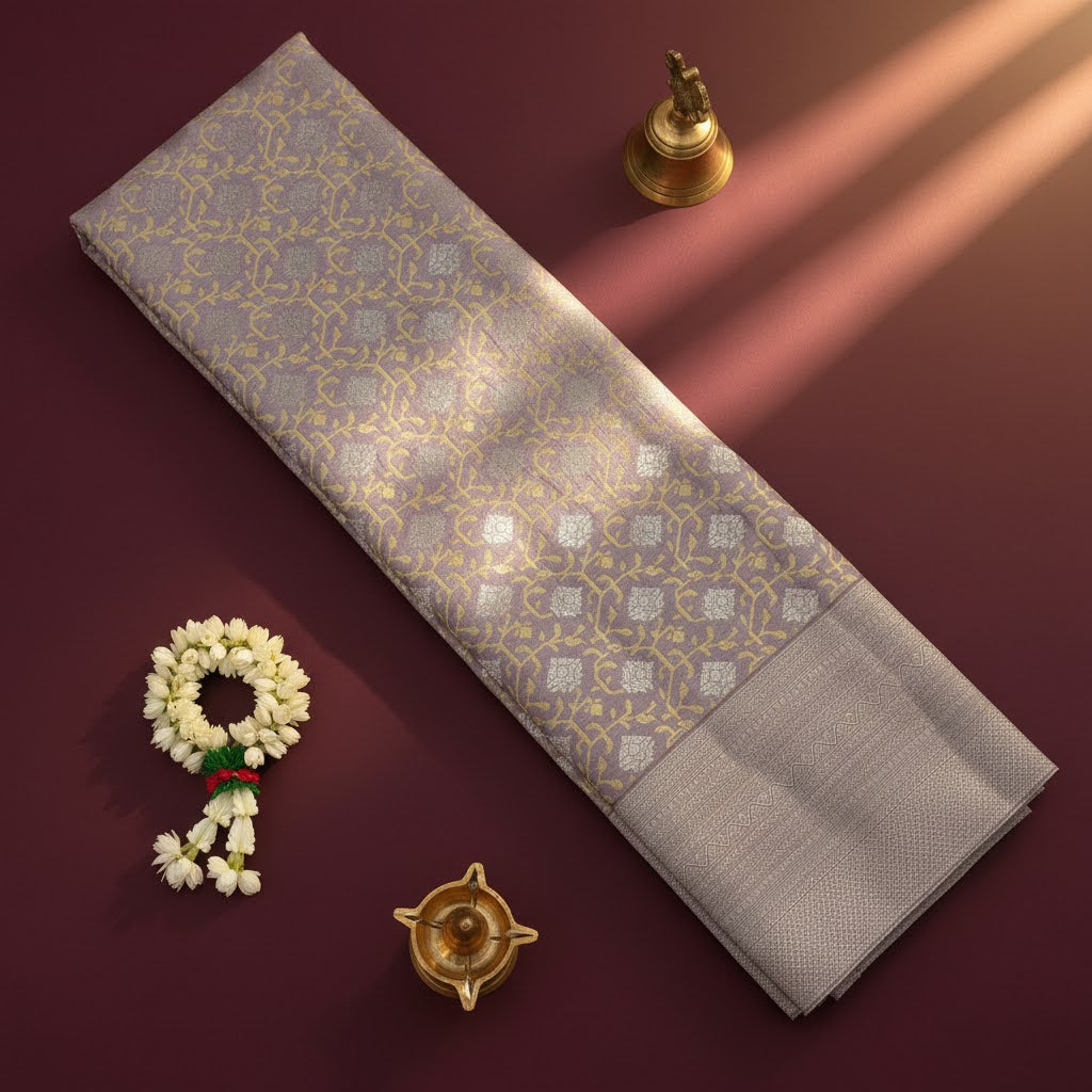 Kuberan Mauve Kanchipuram Silk Saree with Gold Lattice & Silver Diamond Jaal