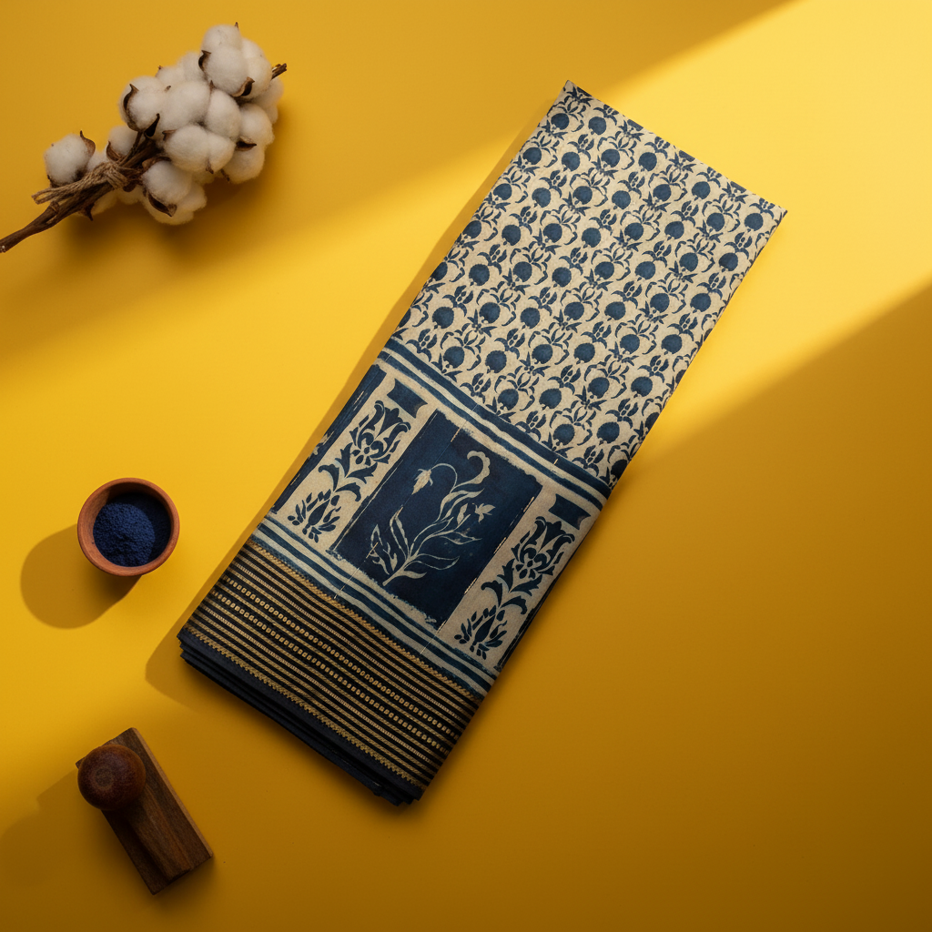 Kuberan Indigo Block Print Tulip Jaal Mal Cotton Saree with Woven Border