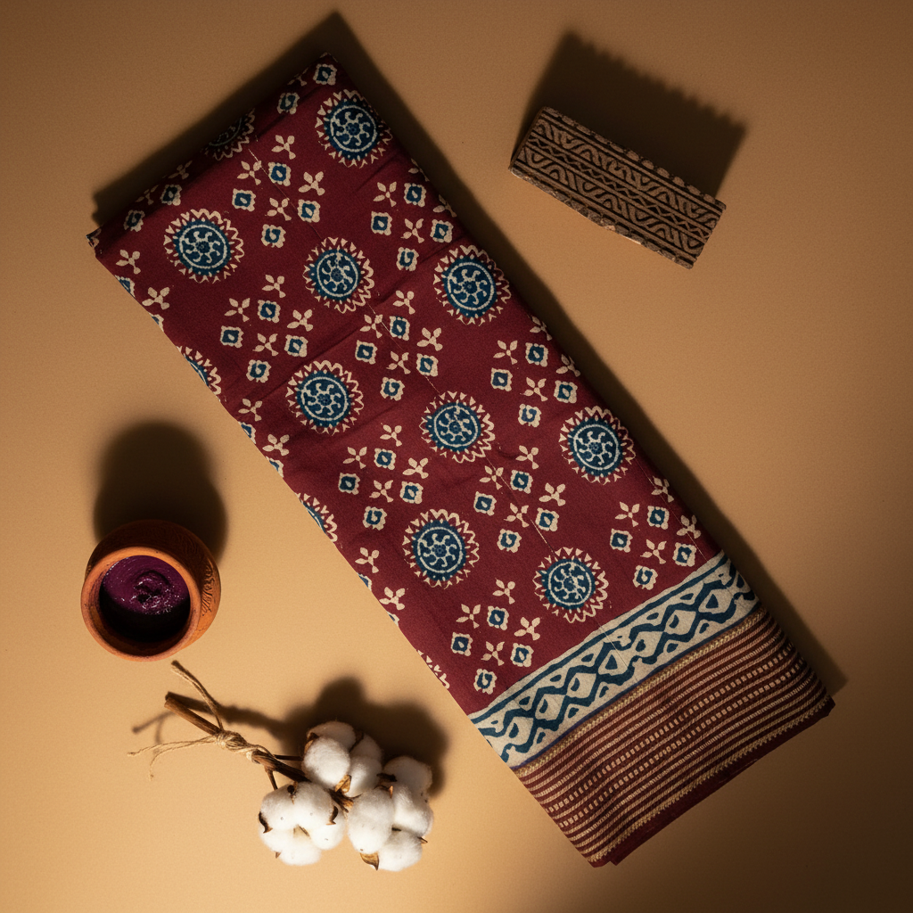 Kuberan Maroon Ajrakh Sun Medallion Mal Cotton Saree with Woven Border