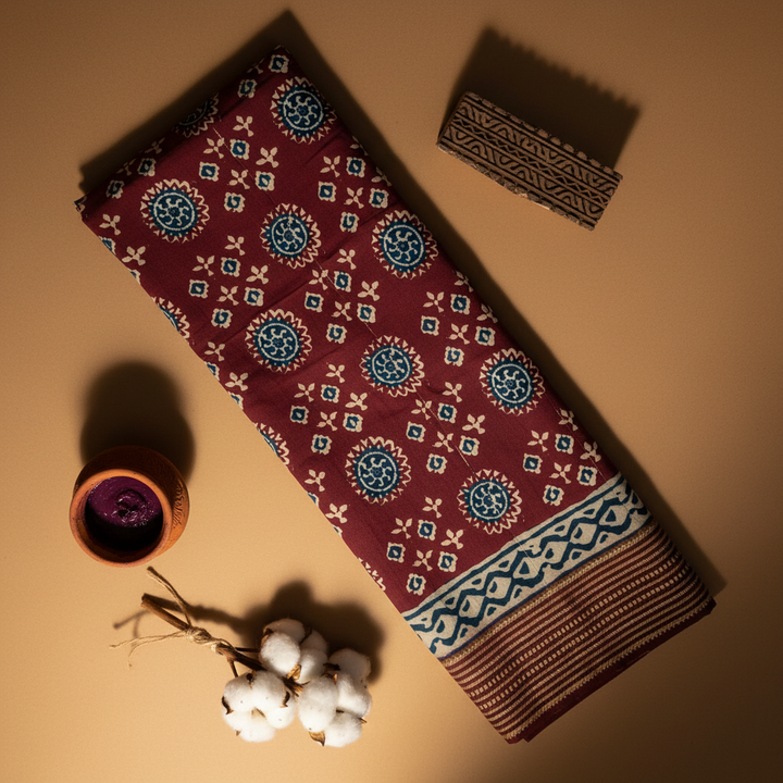 Kuberan Maroon Ajrakh Sun Medallion Mal Cotton Saree with Woven Border