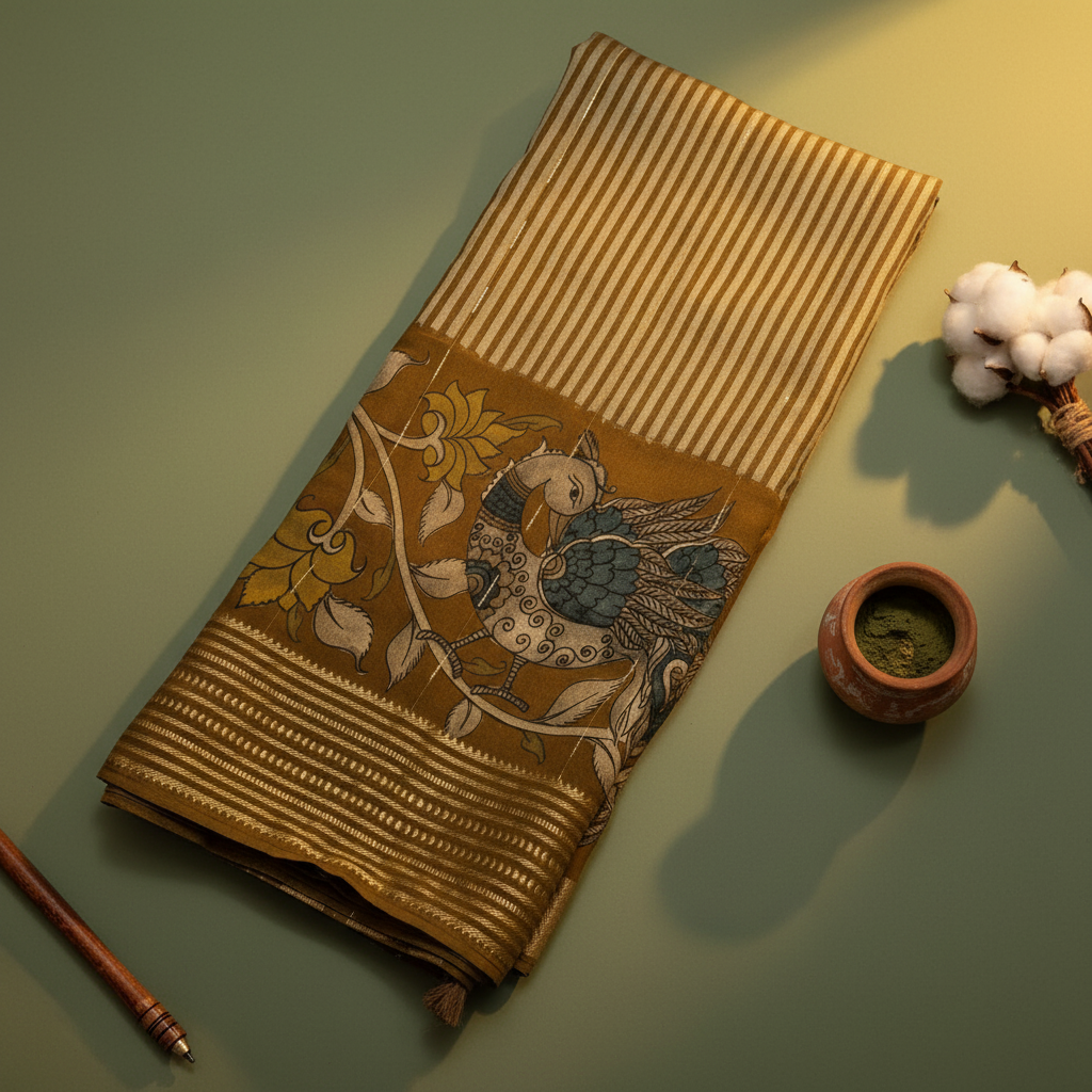 Kuberan Olive Kalamkari Peacock & Horse Mal Cotton Saree with Gold Zari Stripe Border
