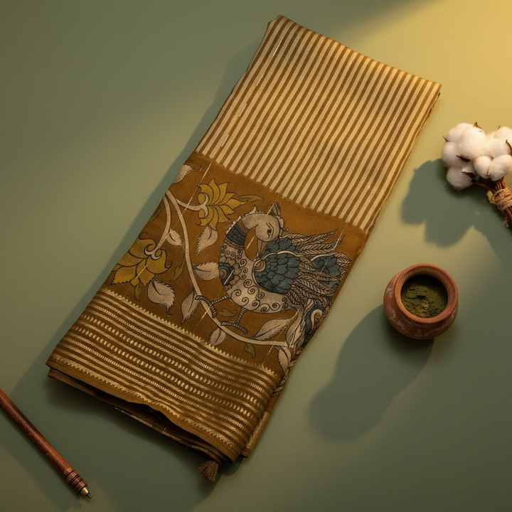 Kuberan Olive Kalamkari Peacock & Horse Mal Cotton Saree with Gold Zari Stripe Border