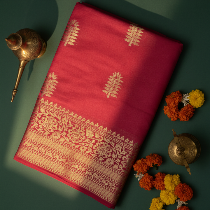 Kuberan Pink Tussar Silk Saree with Gold Zari Border