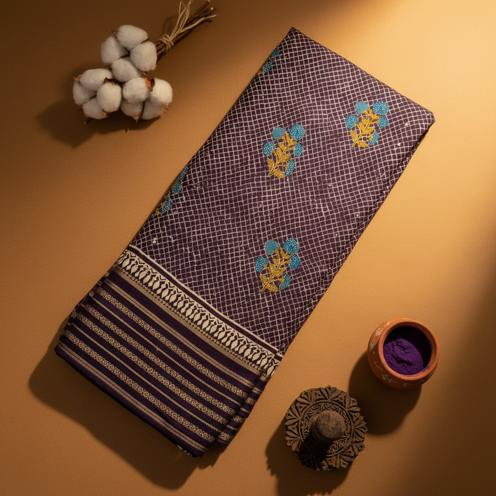Kuberan Plum Purple Diamond Lattice Block Print Mal Cotton Saree with Gold Stripe Border