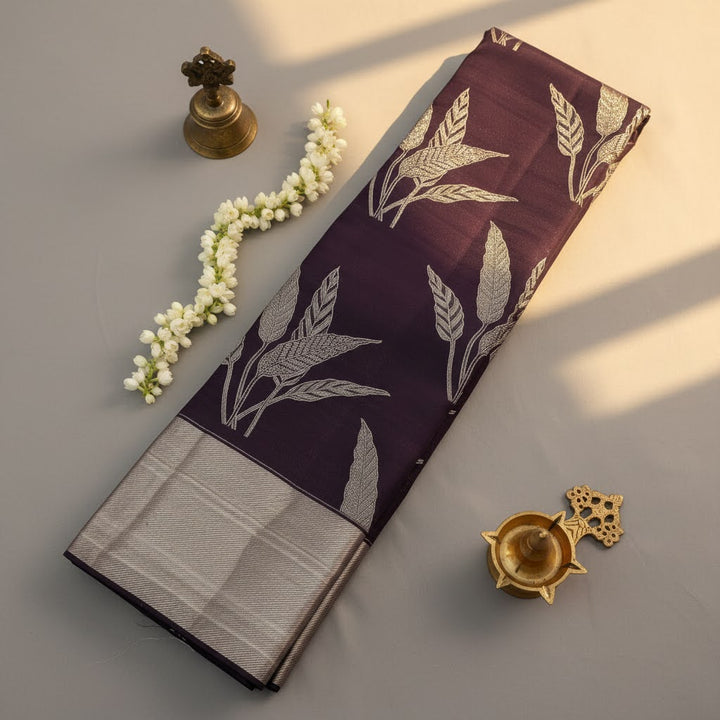 Kuberan Plum Purple Kanchipuram Silk Saree with Silver Zari Botanical Leaf Jaal & Broad Silver Border