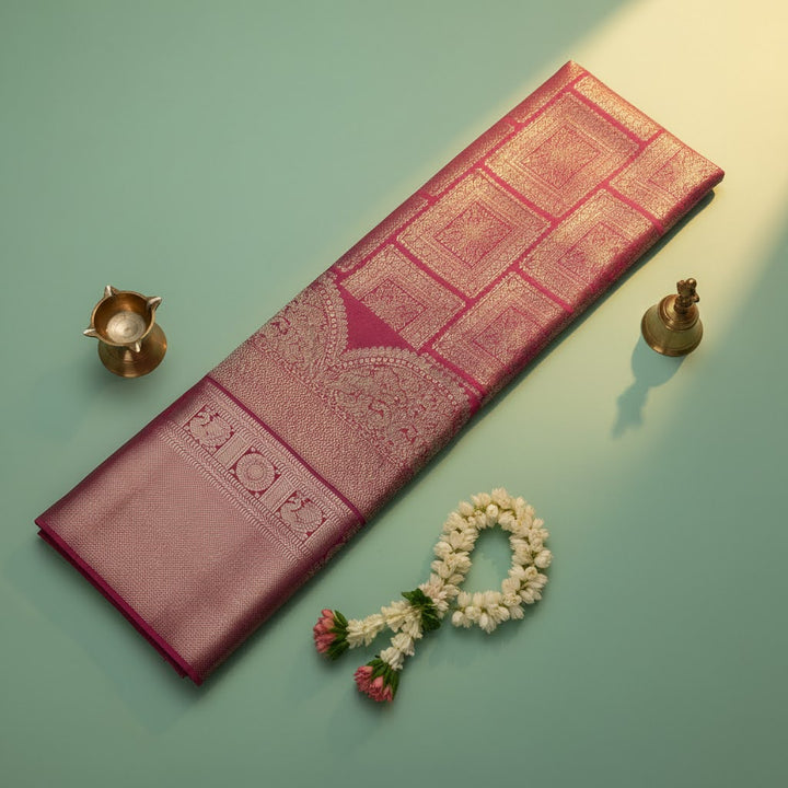 Kuberan Rose Pink Kanchipuram Silk Saree with Gold Zari Self-Tone Panel & Temple Arch Border
