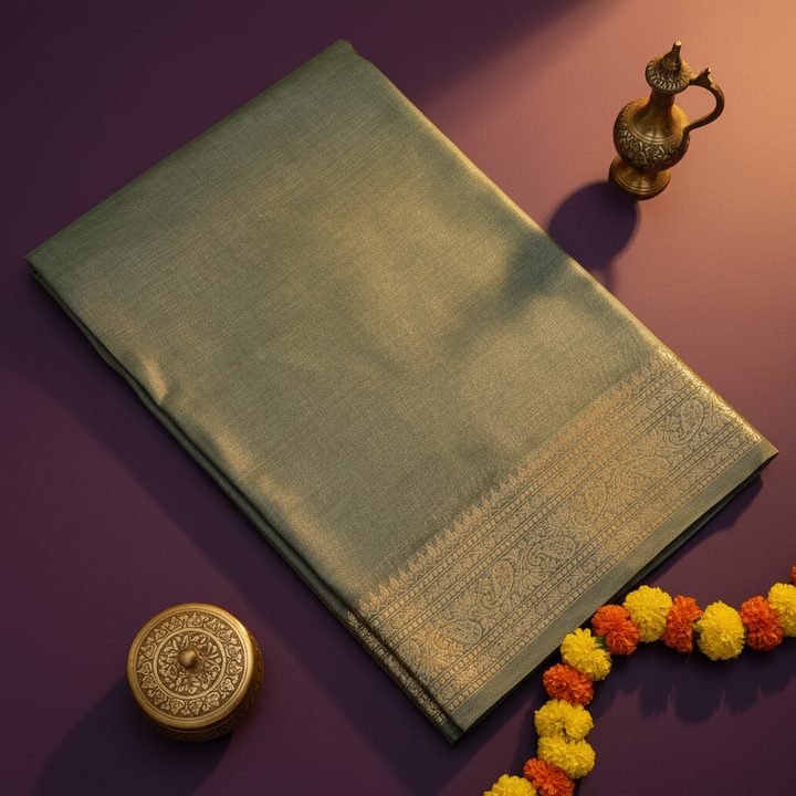Kuberan Sage Green Tussar Silk Saree with Gold Acanthus Border