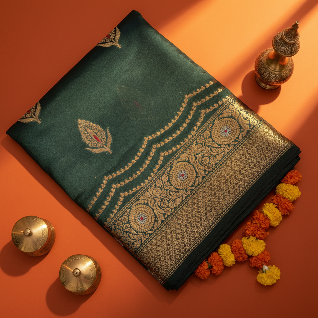 Kuberan Teal Tussar Silk Saree with Gold Sunflower Medallion Border