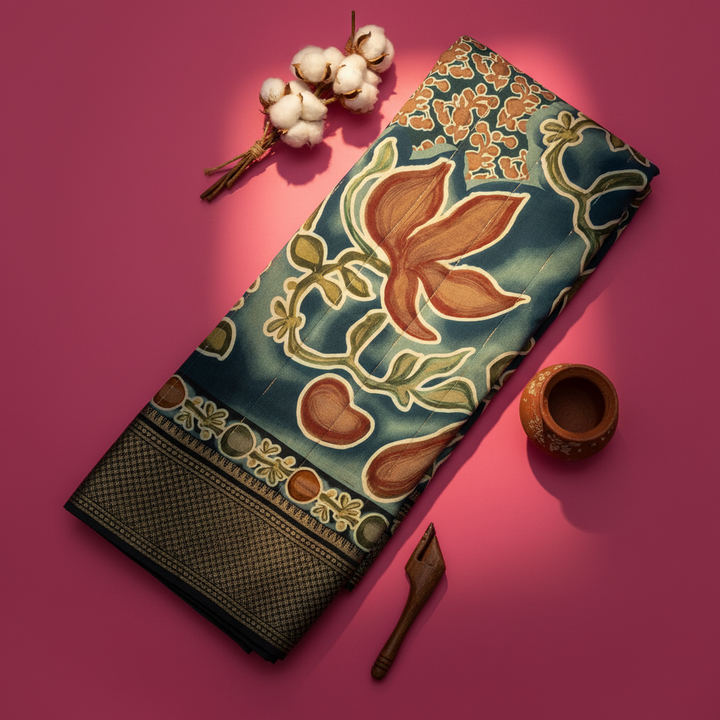 Kuberan Teal Mal Cotton Saree with Woven Border