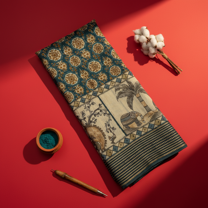 Kuberan Teal Kalamkari Elephant & Peacock Mal Cotton Saree with Woven Stripe Border