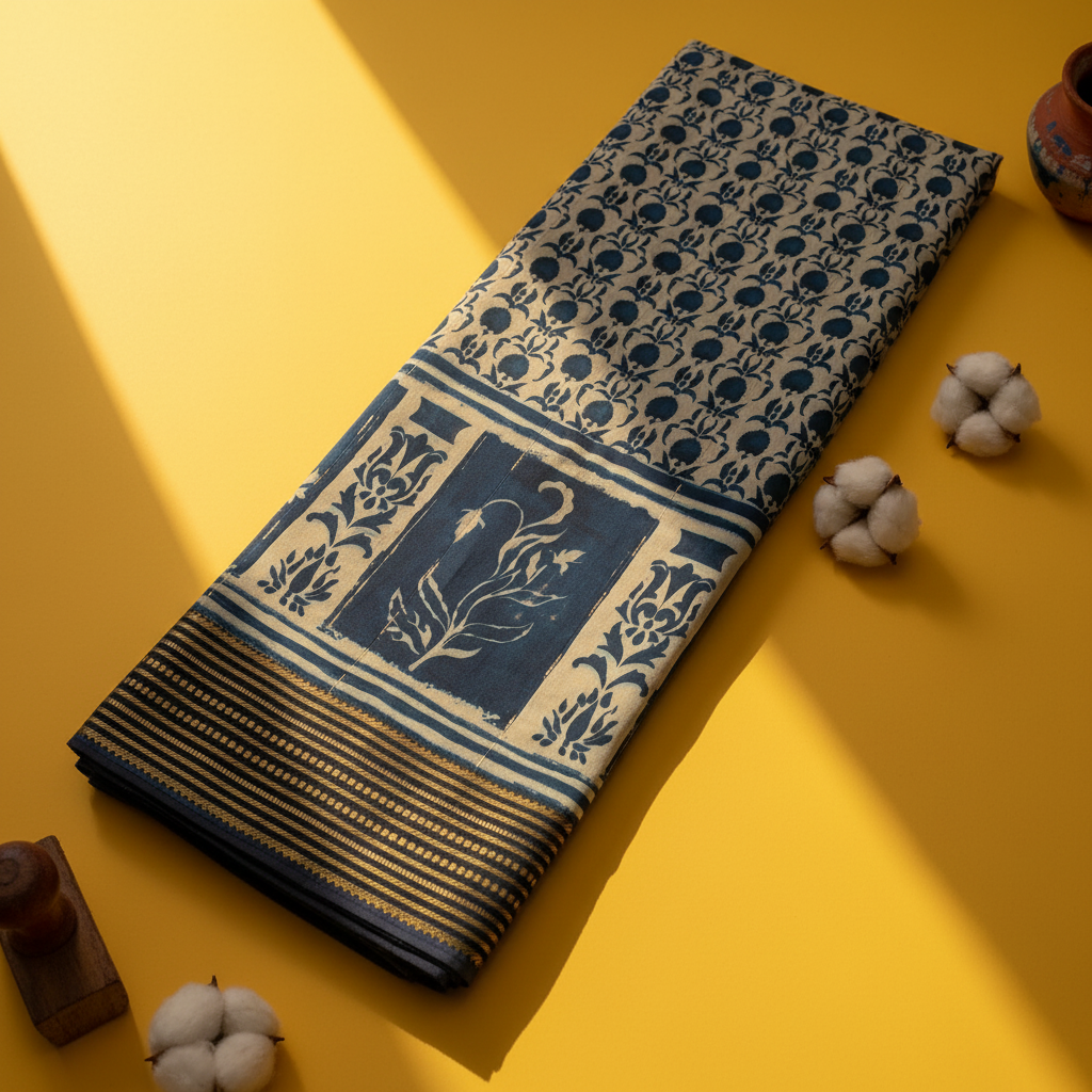 Kuberan Indigo Block Print Tulip Jaal Mal Cotton Saree with Woven Border