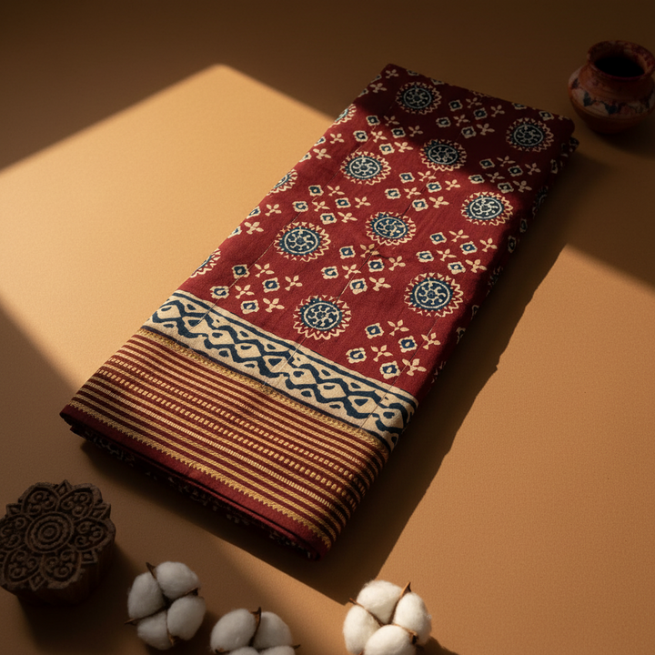 Kuberan Maroon Ajrakh Sun Medallion Mal Cotton Saree with Woven Border