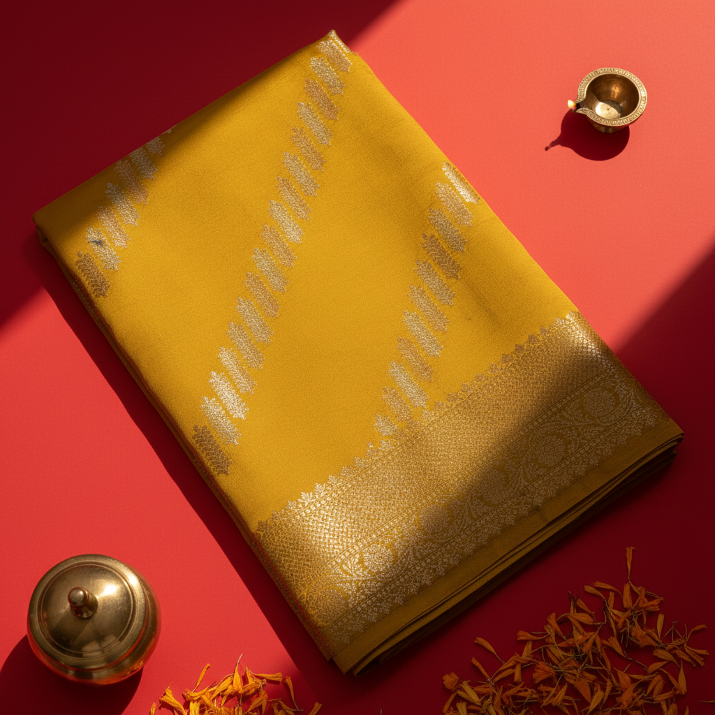 Kuberan Mustard Tussar Silk Saree with Gold Zari Border